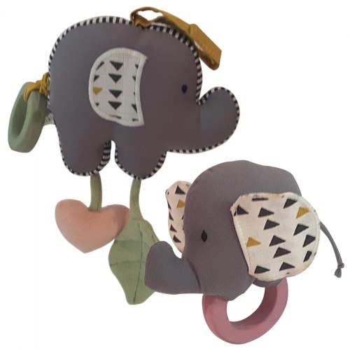 Organic Elephant Baby Toy with Rubber Teether & Matching Elephant Rattle with Rubber Teether