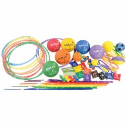 3 years & up. Take the fun outside with this exciting gross motor kit. This kit includes 12 sturdy 24 inch hoops, 6 rubber playground balls, 6 rhythm ribbons, 6 super 8' speed ropes,10 numbered bean bags, 4 sidewalk chalks, 8 juggling balls and 5 foam sport balls. Children can play soccer, kickball, football, beanbag toss, and more! This kit promotes gross motor skills, fine motor skills, balance, hand-eye coordination, color recognition, math skills, creativity, and collaborative play. Activity card(s) included. Contents may vary.