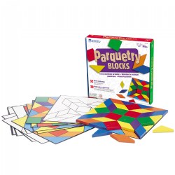 4 years & up. This Parquetry Block Super Set features thick, wooden geometric blocks in six bright colors to create and match patterns and designs. Practice matching the pattern on the cards or create your own designs. Included: 32 Block Pieces, Work Tray, and 20 Parquetry Pattern Cards.