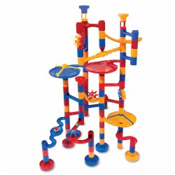 4 years & up. Children will have many hours of fun with this exciting Mega Marble Run! The marbles will disappear inside the columns, roll down the assorted chutes, spin through the paddle wheels, and ring the bell on the wiggly chute. Construction set includes: 3 paddle wheels, 3 vortex, a wiggly bell chute, staircase, 180 degree turn, 2-way chute, and other various pieces. Create simple or complex marble runs with the colorful slot-together plastic pieces.