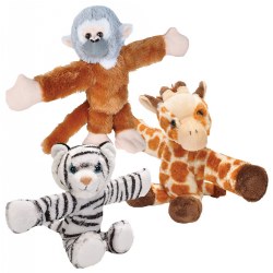 Birth & up. These zoo animals are ready to give lots of soft, snuggly hugs. Just spread their arms open wide, give the chest a little squeeze, and watch the arms instantly snap around to give you a hug. Animals can hug around your wrist, backpack, and so much more. Surface washable. Size: 8". Animals may vary.