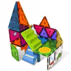 3 years & up. For young minds taking flat objects and constructing 3-D objects is a new and exciting discovery, teaching spatial relationships, math, logic, and problem-solving through creative building! This unique Magna Tiles House set features unique shapes and 21 reusable silicone stickers so your child can customize the structures they build. Included: 28 Magna Tiles and 21 Reusable silicone house-themed stickers.