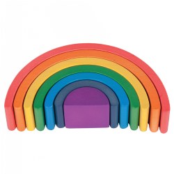 12 months & up. Wooden Rainbow Architect Arches include 7 sizes of nesting beech wood blocks. Use for stacking and open-ended play as they lend themselves to STEM concepts like construction, spatial reasoning, patterning, as well as inspiring creativity, language, and design skills. Perfect with the other Rainbow Architect products to extend play even further. The colors in the set are red, orange, yellow, green, blue, indigo, and purple. Measures 6.1" L x 3.3" H x 1.8" W.