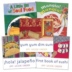 Birth & up. Introduce children to different foods throughout the world with these 5 board books. Tasty treats await young readers in the colorful, rhyming ode to Japanese cuisine. Plates and bamboo steamers come, from sticky rice to sesame balls, this is a colorful, rhyming ode to Chinese cuisine. Dance, frijoles negros, and enjoy tostadas to enchiladas in this book. The comforting flavors of fried chicken, mac 'n' Cheese, collards and other hold-cooked treats fill this book on Soul Food. From hearty minestrone and risotto stirred and stirred with heart to sweet, cool gelato, Mangia! Mangia! Introduces young tummies to tasty treats from the land of linguini. Great for the dramatic play area. Each book focuses on dishes from different countries including, Japan, China, Mexico, Israel, and American soul food.