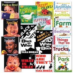 3 months & up. Bulk up your toddler classroom library with this large board book set that includes books with sturdy covers and simple images. These books will immediately capture the attention of the very youngest children, and create an experience they'll want to repeat over and over again. Set of 20.
