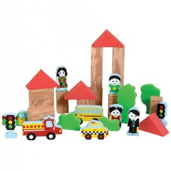 12 months & up. Stack soft foam blocks to create simple shapes and add chunky accessories to make the city come to life. Includes wood-like and color blocks, people, cars, stop light, trees and bushes. Wood-like blocks measure 1.375" thick. 29 piece set.