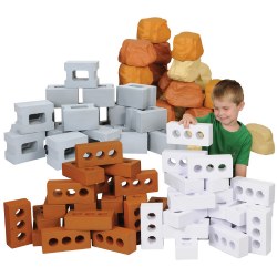 3 years & up. Build to new heights with this fantastic collection of realistic pretend bricks, blocks, and rocks! This set of lightweight foam builders stack easily for endless creative building projects. Included: 20-piece Cinder Block Set, 25-piece Rock Wall Builder Set, 25-piece Brick Builder Set, and 25-piece Ice Brick Builder Set. Activity cards included.