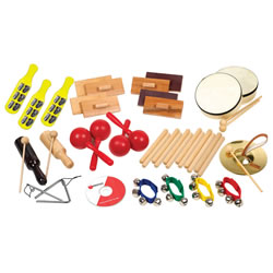 3 years & up. Includes: 3 jingle sticks, 2 pairs tap-tap blocks, 2 pairs of sand blocks, 2 frame drums, 6 pairs of rhythm sticks, 1 cymbal, 4 wrist bells, 1 triangle, 2 crow sounders, 2 pairs of maracas and instructional DVD. Please note: If an instrument becomes unavailable, a suitable substitute may be found as a replacement to complete the set.