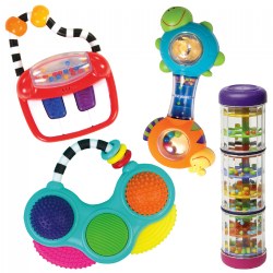6 months & up. Learn while you play! This set features four musical instruments that play delightful sounds with a simple touch of a button. These wonderful instruments have bold colors, black and white patterns, rattles and rings, and multiple textures to develop sensory learning. This instrument set also helps children recognize rhythms and sounds. Encourage children to come up with their own rhythms or teach them a song they can easily follow along with using their instruments.