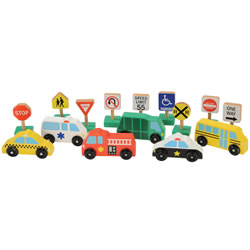 Image of Wooden Vehicles and Traffic Signs - 15 Pieces