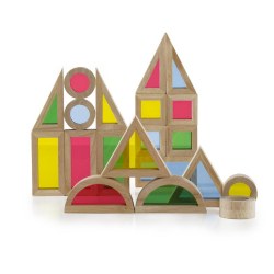 2 years & up. Promote block play with this set of 40 smooth hardwood blocks inset with colorful, transparent acrylic windows. Sized right for little hands, these durable blocks feature 6 different shapes, 4 different colors, and are ideal for color exploration, early construction, and shape recognition. Encourage children to come up with their own unique designs. Have children build a structure at the window and watch as the colors are cast on the walls. This set includes 40 assorted shapes.