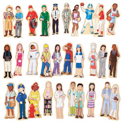 3 years & up. This Wedgie Career People set include wooden self-standing figures with diverse backgrounds and careers. The set includes men and women in nontraditional roles. These figures work great with blocks, role playing, and teaching children about communities and careers. Use these durable wooden figures in a lesson about diversity, inclusion, or careers. Printed on both sides figures show the front and back details. Tallest figure stands 5.5" tall.