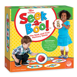 18 months & up. "Where's the duck?" "Can you find the apple?" This fun, active game helps young children learn the names of colors, shapes, animals, foods, and more while seeking and finding each match. They will build vocabulary, boost memory skills, and find family fun with this perfect first matching game! Includes: 36 large, round "Seek Me" photo cards to scatter face down around the room, and 36 matching "Find Me" cards for a parent or teacher to call out. For 2 or more players.