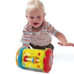6 months & up. This spinning wheel can do it all! This multisensory toy has activities that support the needs of developing infants. The rolling middle features a mirror, row of beads for manipulating, and wind-up music box that plays a soothing melody. Perfect for developing hand-eye coordination and the vivid colors draw the eyes. Rolls easily to encourage crawling.