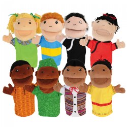 2 years & up. These puppets are a great way for children of all ages to learn about diversity through interaction and play. This set of eight puppets represents four multicultural groups of children with aspects of their culture represented in their clothing designs. Use these puppets in the classroom for a fun lesson about diversity and inclusion. For further learning, discuss the cultures these puppets represent and the history of their clothing. Puppets measure 12" long and are 10" wide with the arms spread open and embroidered eyes. Made from polyester fibers. Surface cleans easily.