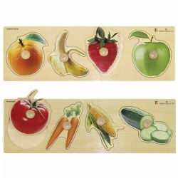 12 months & up. Promote healthy food choices while strengthening fine motor skills with this vibrant fruit and vegetable puzzle set. Each puzzle has large knobs perfect for little hands to grasp. Each measures 20" x 6".