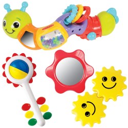 6 months & up. Engaging and enriching, this activity set will stimulate a baby's senses and grow with them. Each toy in this set is made for small hands to hold with ease. The red flower mirror encourages interaction and foster a child's imagination, while the sunflower rattle can be shook and enriches auditory learning. The smiley face twin rattles rotate around one another strengthening hand-eye coordination. The twist and play caterpillar rattle features 5 connected parts that rotate around each other and display differing textures for a textile experience. Includes 4 items. Contents may vary.
