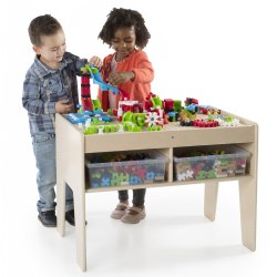 4 years & up. Develop social emotional and STEM skills in a collaborative, play-based environment with the IO Blocks® Center. This all-in-one table brings movement, simple machines and dramatic play to the original IO Blocks® friction-fit, construction toy platform. Combine gears, slides, IO people and standard IO Blocks® pieces to create limitless builds using problem solving, introductory architecture and budding STEM skills. Constructions are stabilized on the raised grid tabletop while the sturdy birch plywood table features handy storage below to hold IO Blocks® and additional parts. Includes: 1 birch plywood play table, 4 storage bins and 458 building pieces. Easy assembly - simply affix the enclosed table legs to the IO Blocks® tabletop. Measures 31"L x 22"W x 23"H.