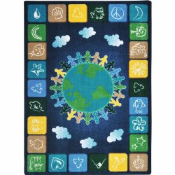 Teach children respect for nature and the earth with this unique One World rug. It can be a great starting point for conversations about animals, plants, seasons, recycling, and the multi-cultural people who inhabit our world. Antimicrobial rug has a SoftFlex® back which eliminates wrinkles and lies flat. Made in the USA. Measures 5'4" x 7'8".