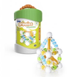 18 months & up. Toddlers will create unique building experiences with this fun set of Grippies® Shakers. They can explore sound and movement while watching the sensory beads rattle their way down the magnetic rods through clear plastic windows. By connecting the magnetic rods to each other and combining them with the over-molded metal ball connectors, toddlers can build interesting models. Great for exercising their auditory, fine and gross motor and engineering skills. Compatible with other Grippies® sets.