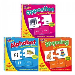 3 years & up. Help children build confidence and achieve success with fun 2-piece puzzles that hone their skills at their own pace. Sturdy, durable 3" x 3" pieces with self-checking design and real images. Set includes Opposites, Alphabet, and Rhyming.