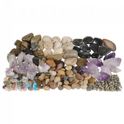 3 years & up. Inspire crafts and scientific discovery with this Natural Stones and Minerals kit! This rock collection box includes more than 210 individual pieces and 11 different types: River Pebbles, Polished Stones (black, white, assorted), Tiger's Eye, Gemstones, Amethyst Points, Amethyst Clusters, Iron Pyrite, 2 Agate slices (large and small). An ideal addition to sensory bin, little geologists will love to sort, classify and identify the various stone characteristics! Use this kit to start a rock collection and inspire kids to get out and find even more stones. This teaching aid assist with geological lessons and nurture a love of nature. These varying rocks and gems also make wonderful vase fillers and jewelry makers.