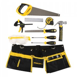 5 years & up. Specially designed tools to fit a child's grip, this set of carpentry tools includes all the tools necessary to build simple creations to more complex projects. Tools are sharp and require adult supervision. Use this opportunity to share tool safety and carpentry knowledge while building teamwork and learning together. Includes: tool belt, handsaw, safety goggles, 6"ruler, 10' tape measure, phillips and flat head screwdrivers, file, 6.5" hammer, and clamp.