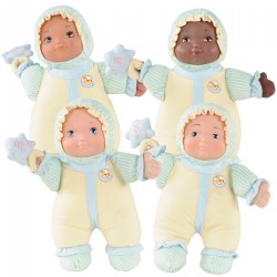 Birth & up. Cuddly and soft, these baby-safe 12" soft body dolls help develop early pretend play, motor skills and eye-hand coordination. Dolls have a star-shaped rattle in one hand; the other hand has a crackle sound to grasp. Stimulates senses of sight, sound and touch. Surface washable. Set of 4 dolls.