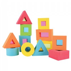 12 months & up. Twelve soft blocks made of super high density kid-safe foam help develop motor skills, imagination and coordination. Transparent windows in basic shapes teach colors. Stack them, float them, look through two blocks to mix colors. Largest block is approximately 5.5" long. Blocks easily wipe clean.
