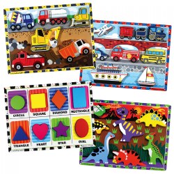 2 years & up. Each colorfully hand-painted puzzle piece is individually shaped so that even the youngest child can be successful! 4-piece set includes construction vehicles, transportation, basic shapes, and dinosaurs. Each puzzle measures 12" x 9".