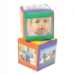 Birth & up. Roll or toss these colorful Photo Cubes to children and see if they can recognize their friends and family. These wonderful cubes promote gross motor functions and facial recognition. Simply slip photos of familiar faces into the clear sleeves, and have children identify the people in the photo. For an extra activity, put print outs of shapes, animals, or numbers in the sleeves and have children identify those objects. Each cube holds up to 6 photos that measure 3.5" x 5". The overall size is 6" square. Surface washable.