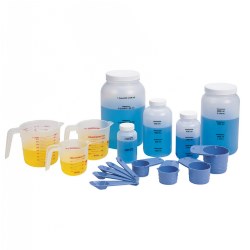 This deluxe set is the perfect size for any classroom learning measurement equivalents. Made of durable plastic, each piece is clearly marked to provide years of use. Ideal staple item to have available in any science class. Set consists of 17 pieces including liquid measuring cups, spoons, jars and a teachers guide.