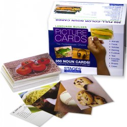 The Language Builder Picture Noun Card set is a tremendous tool for teaching key language concepts to preschool age children; children and adults with autism, developmental delay, or speech/language delay; or to anyone first learning or re-learning basic language skills. This 350 card set includes stunning, child-pleasing, bright, photographic images from nine basic categories (animals, foods, vehicles, furniture, clothing, toys, everyday objects, shapes, and colors). This is the only flashcard set to offer Basic Stage Set of fifteen images (105 cards). In Stage One, two identical images are on white backgrounds. In Stage Two, five similar images are in their natural settings. The basic stage cards teach matching, labeling, and categorization skills. Also, the shape and color cards have exact duplicates so you can match them up. The back of each card is numbered and gives a label and category for the image, as well as suggested activities appropriate to the card.