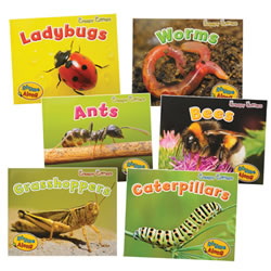 4 years & up. Give young readers an up close and personal view of some of their favorite creepy critters! Clever rhyming patterns, cartoon-like design, lap-sized format and fantastic photos make these books visually appealing. Set of 6 paperback books.