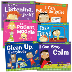 3 years & up. Help children build social and emotional intelligence through shared reading and engaging texts that prompt discussions about real-world experiences. Spark your child's imagination and stimulate curiosity while developing social and communication skills. In this "I'm In Control of Myself Book Set," simple words and full-color illustrations teach important concepts in ways even very young children can understand. A full-color poster is included. Set of 6 paperback books.