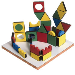 3 years & up. Children discover the properties of magnets while building with this unique 3-dimensional construction set that contains 54 pieces. The set includes an assortment of shapes featuring magnetic strips around the perimeter of foam pieces which stick together to defy gravity (circles are pop-in and not magnetized). Magnet play board is included.