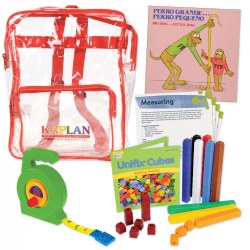 3 years & up. Explore the tools and vocabulary of measurement that are all around us. Learning the broad concepts of measurement, volume, and size will provide your child with a knowledgeable advantage in math. With this kit and the related activities, your child will practice measuring with standard units (feet, inches) and non-standard units (foot, unit cubes). Children will use the language of measurement while developing an understanding of spatial and size relationships. Includes hands-on manipulatives, books, and a selection of related activities to optimize the learning experience. This kit supports parent involvement and early learning through a variety of interactive and engaging activities. An ideal way for teachers and families to enrich children's learning experiences together. Kit includes a clear vinyl backpack and bilingual activity card(s). Contents may vary.