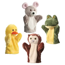 Birth & up. These plush little friends with soft fabrics and embroidered faces are sized perfectly for infants and toddlers! This set includes a Frog, Duck, Mouse and Owl hand puppet. Each puppet is approximately 5.5"L. Machine washable. Puppet features may vary from those shown.