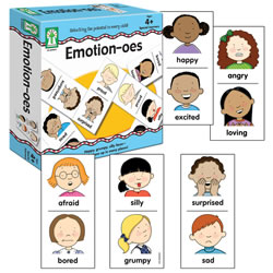 4 years & up. Discuss a variety of emotions with this exciting Emotion-oes Board Game for Social Emotional Learning and Collaborative Play. This board game offers a new twist on the long beloved game of dominoes. Encourage children to match the cards as you discuss how to regulate the emotions. Learning games are a perfect tool for engaging children in the development of social skills. Includes 56 emotion-oes cards and resource guide.