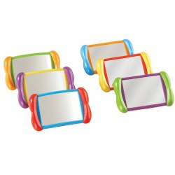 2 years & up. Help children strengthen their expressive and receptive language as they learn to talk about feelings and emotions with these easy-to-hold, double-sided mirrors. One side is a regular mirror and the other side is a "fun mirror" that warps reflections giving an amusing appearance. Each unbreakable, non-glass mirror measures 4"H x 6"L.