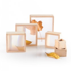 2 years & up. These versatile hardwood-framed stacking blocks have six stacking squares and smooth, rounded corners and edges for safety, with inset magnified acrylic windows. The magnification stacking blocks are ideal for exploring natural, tactile, and other detailed materials found inside or in nature. This set also promotes fine motor skills and block play. Encourage children to build their own unique structures. Enhance STEM-based activities with this set, perfect for group or individual play. Use these blocks indoors or outside. Each block has 2x magnification. Stack blocks together to intensify. Largest square measures 7" W x 7" D x 2" H. Includes 6 squares.