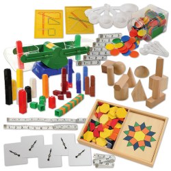 3 years & up. The hands-on exploratory nature of studies in the classroom taps into children's natural curiosity, resulting in a learning environment that is both fun and intentional. This Mathematics Skills Kit offers a wide range of tools and materials to support and encourage growth and exploration across math concepts. Kit includes: 200 Pieces Round Math Counters Tub, Balance Scale, Pattern Blocks & Boards, Measuring Cups, Measuring Spoons, Wooden Geometric Solids, 10 Measuring Tapes, 4 Two-Sided Geoboards, 100 Unifix® Cubes, and 10 Spinners.