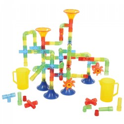 3 years & up. This 90-piece set includes a variety of items to create working waterways. Children can experiment with the effects that construction, gravity, and distance have on water pressure and flow as they create endless waterway configurations. Materials are transparent to allow for easy viewing of water flow. The Build a Waterway STEM Kit builds on children's natural curiosity by providing the materials and freedom to explore. The funnels, measuring pitchers, connector tubes, blockers, and water wheel provide endless opportunities for child-guided learning. Children should be encouraged to build, create, and invent on their own. Experimentation and use of the included materials can be encouraged at the water table, in small groups, and for independent learning. Activity card(s) included.