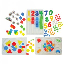 3 years & up. Introduce early math, science, and literacy concepts, as well as fine motor skills, in a fun and engaging way by utilizing included materials on your light table. Over 200 pieces including transparent numerals, 2 and 3 dimensional shapes, circular dots, and bead-filled shapes - all in a variety of colors! Three sorting trays and an activity card(s) are also included.