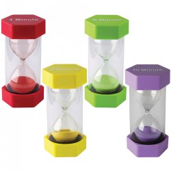 3 years & up. Keep up with the time using this brightly colored Mega Sand Timer Set for Classroom Activities Indoors and Outdoors. This classic hourglass timer is the perfect tool to help children visualize time from seconds to 10 minutes! Use these exciting times for science experiments, time management, and other timed games. These sand timers are time-tested and made of durable plastic. Timers come with matching colored sand. Each timer measures 3.25"L x 6.375"W.