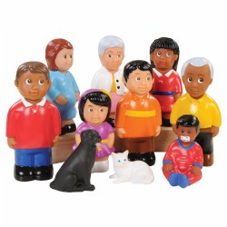 18 months & up. This ten-piece set of friends and family represents multiple cultures, ages, and genders. There are even two different pets! These easy to grip pieces are great for promoting dramatic play and fine motor skills. Children can role-play people in their family, circle of friends, neighborhood, and more! Use these figures in brightly colored clothes in a lesson about diversity and inclusion. The Tallest figure is 5" tall. Blocks not included. 10 pieces.