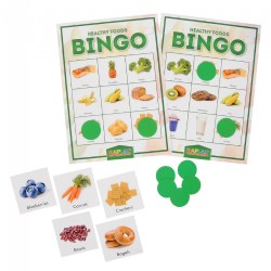 3 years & up. Reinforce basic concepts and make learning fun with bingo! Create healthy habits and make learning about foods fun with this bingo game using real images of healthy foods and nutrition. Includes images of fruits, vegetables, sweets, drinks, and carbs. Up to 20 players can play with 30 calling cards and tokens included. Ideal for use in both small and large group settings.