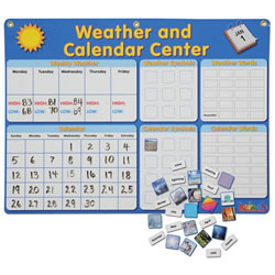 3 years & up. This magnetic, dry erase calendar teaches, time, weather and vocabulary! Children interact and learn about the days of the week and months of the year while increasing their vocabulary knowledge. There are 18 weather related magnetic pictures and 45 word tiles (20 weather words, 22 calendar words). 3 blank picture tiles and 3 blank calendar word tiles are included so that teachers can add words and pictures of their own. 23.5" L x 32"W.