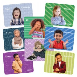3 years & up. Full color, photographic images help children to identify and label their emotions. Being able to identify their different emotions allows your child to develop an emotional vocabulary so they can talk about their feelings. These puzzles are a great way to discuss feelings and helps kids learn how to recognize other people's feelings through facial expressions. Each image has both English and Spanish. Puzzles measure 9" x 12".