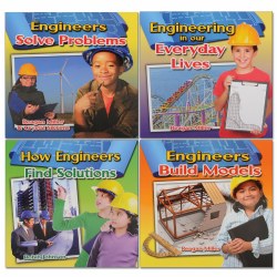 4 years & up. Many things we use everyday were designed by engineers. These exciting books show ways to explore the connections between engineering, science, math and technology and how their ideas affect us in our day-to-day lives. Set of 4 paperback books.